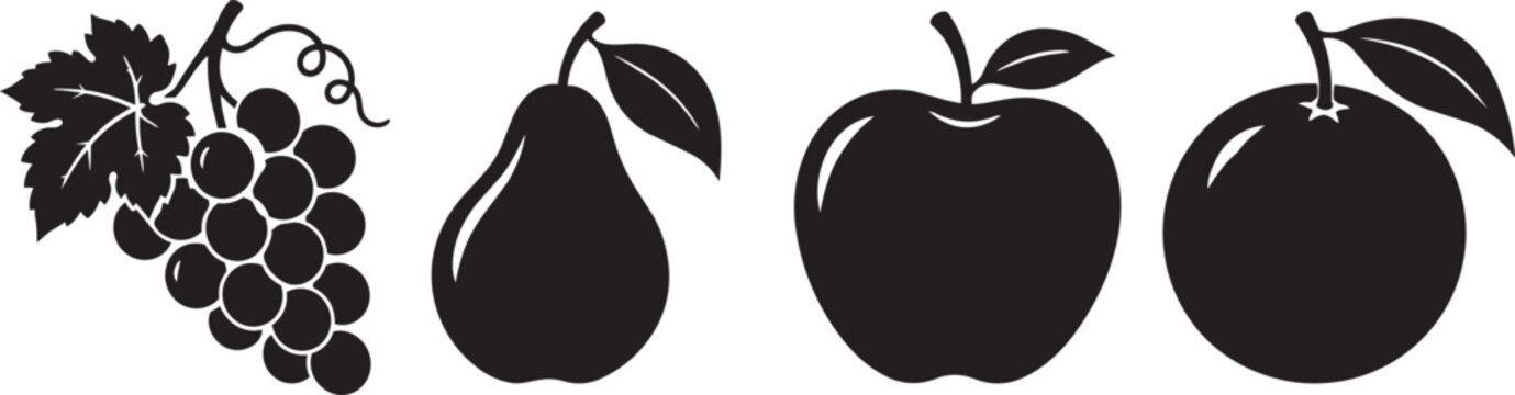 fruit silhouettes icons set including grapes, pear, apple and orange vector illustration