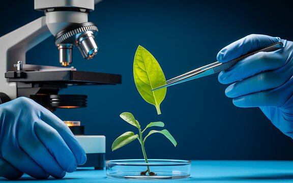 Scientist examining green leaf with tweezers and microscope