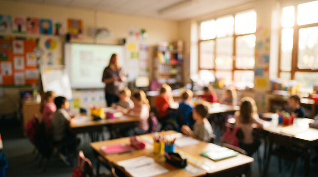 Defocused elementary classroom with children learning at desks, warm soft bokeh, primary education background