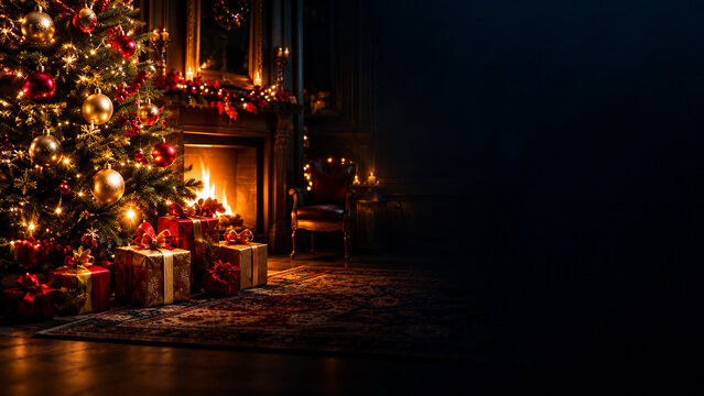 Festive Christmas tree and fireplace with copy space