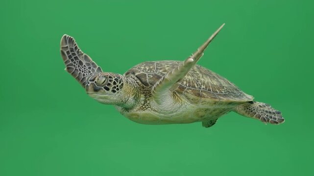Realistic sea turtle swimming in slow motion isolated on green screen chroma key, generative AI