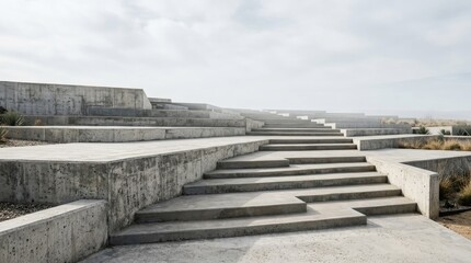 Obraz premium A concrete staircase ascends gradually across a vast, flat landscape. The steps are arranged in a stepped pattern, creating a series of platforms.