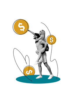 Composite trend artwork sketch image photo collage of monochrome young lady man couple walk hold back catch coin rich success money dollar