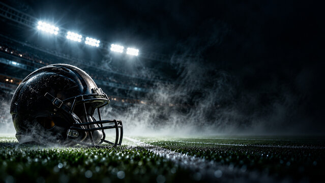 American football helmet in dramatic stadium light
