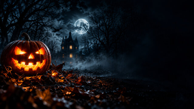 Glowing Halloween pumpkin in dark haunted night scene
