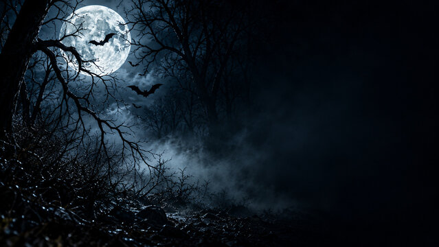 Dark Halloween forest with full moon and bats
