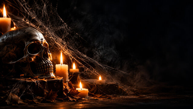 Halloween skull with candles and cobwebs on dark background