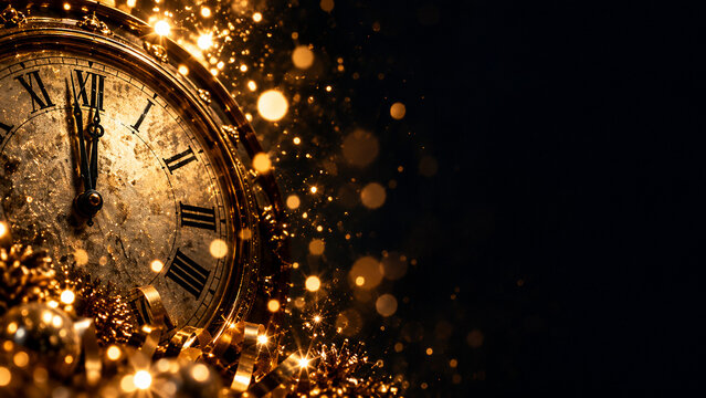 Luxury New Year clock near midnight with golden lights