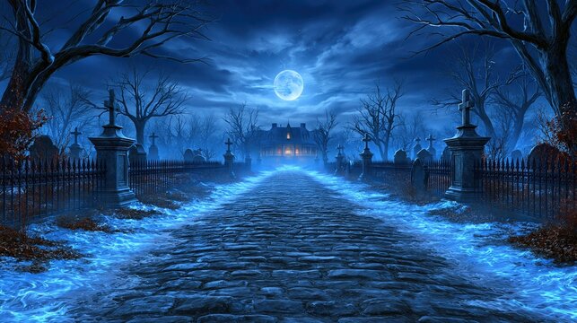 Haunted graveyard path leading to a spooky mansion at night