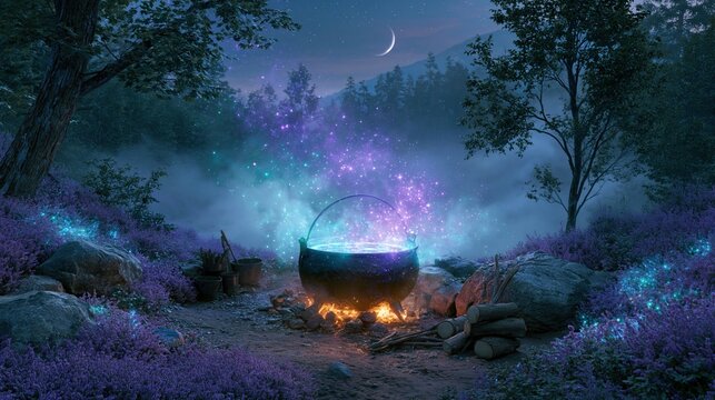 Magical cauldron bubbling with glowing potion at night