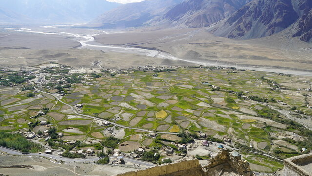 Aerial view of green terraced fields in a mountainous valley with village settlements below, surrounded by rugged Himalayan peaks under clear blue sky