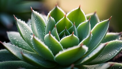 Fototapeta premium A Macro Close Up Of A Green Succulent With Thick Leaves Covered In Fresh Dew Drops Highlighting Natural Textures Moisture And Soft Warm Light
