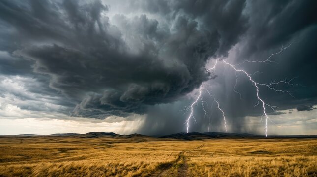 A dramatic thunderstorm rages across a vast, golden prairie. Dark, swirling storm clouds dominate the sky, punctuated by intense flashes of lightning that illuminate the landscape.