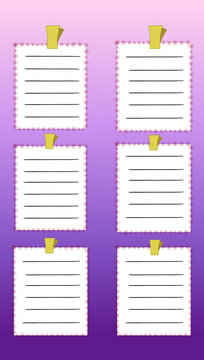 Six blank white lined notepads with frilly red pink borders taped to a purple lavender gradient background, a 2x3 grid template for notes, lists and text.