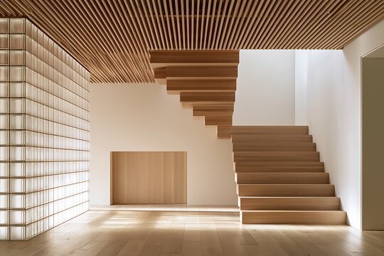Modern minimalist interior design featuring a wooden staircase with slat ceiling and glass block wall in a bright, contemporary residential space