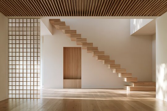 Minimalist modern interior with a floating wooden staircase, slatted ceiling, and a decorative glass block partition wall