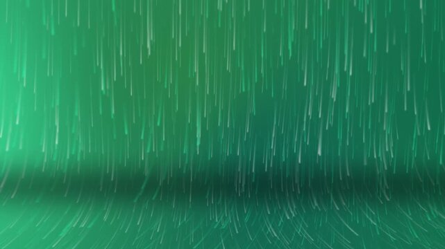 Vibrant emerald green studio background loop featuring falling light rain streaks and reflective curve floor stage for virtual presentation backdrops, music visualizers, award shows, and motion.