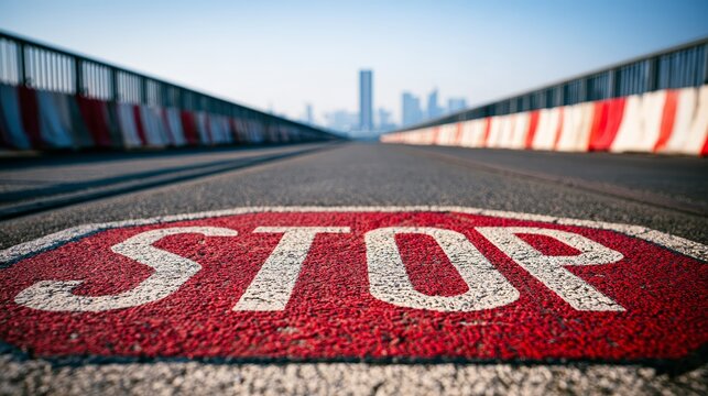 City road with a clearly painted stop marking on the pavement, barriers lining both sides of the path, bright clear conditions and an unobstructed view ahead for urban traffic safety