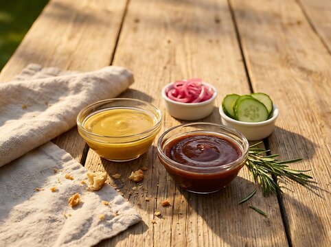 Bowls of mustard and barbecue sauce with pickles and onions on a wooden table. BBQ condiment ideas