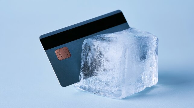 Bank card frozen inside a clear ice cube, symbolizing blocked account access, financial restrictions, banking security, fraud prevention and unauthorized transactions