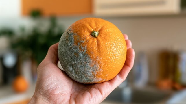 Moldy orange held in a hand in a kitchen, illustrating food spoilage, contamination, food safety risks, improper storage, hygiene, food waste, health awareness and timely disposal of spoiled produce