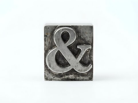 Vintage metal ampersand symbol on weathered square block