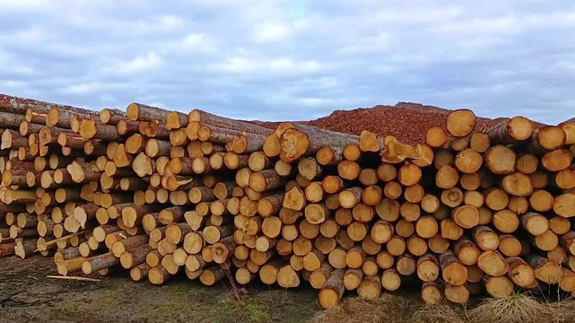 A large stack of harvested timber.

