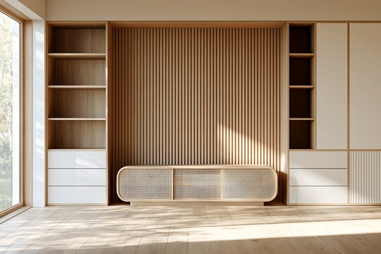 Minimalist living room wall with wooden slats, rattan media console, and integrated shelving units in a bright, modern home interior