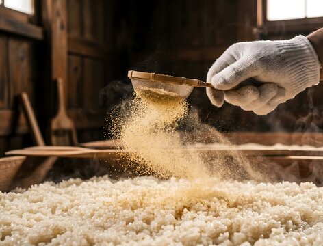 Extreme close-up and dynamic action. The hand of a master brewer, wearing a white cotton glove, performs the delicate task of Seiku. A delicate, golden cloud of Koji-kin spores (Aspergillus oryzae).