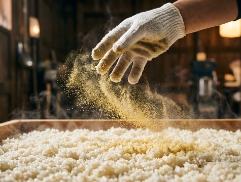 Extreme close-up and dynamic action. The hand of a master brewer, wearing a white cotton glove, performs the delicate task of Seiku. A delicate, golden cloud of Koji-kin spores (Aspergillus oryzae).