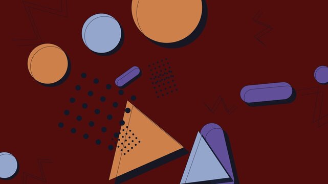 Abstract Retro Memphis Style Background with Colorful Geometric Shapes on Dark Red Backdrop