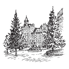 Fototapeta premium Hand Drawn City Square Line Art Sketch with Vintage Architecture, Fountain and Trees