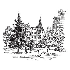 Naklejka premium Ink sketch of a city park with a tall pine tree, historic castle building, and modern skyline
