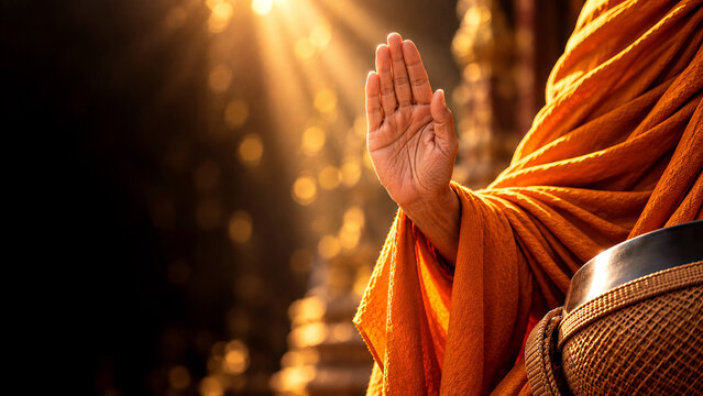 Buddhist Monk Giving a Morning Blessing with Raised Hand