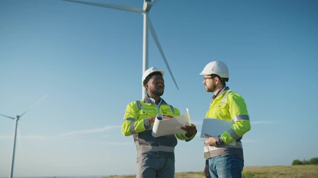 Smiling African American engineer in helmet holding plan and talking with colleague outdoors. Both wearing safety jackets standing near wind turbines and discussing renewable energy project.