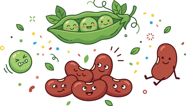Cute Cartoon Green Pea Pod and Red Kidney Beans Character Composition with Exploding Confetti Elements Vector Illustration for Healthy Kids Food Concepts