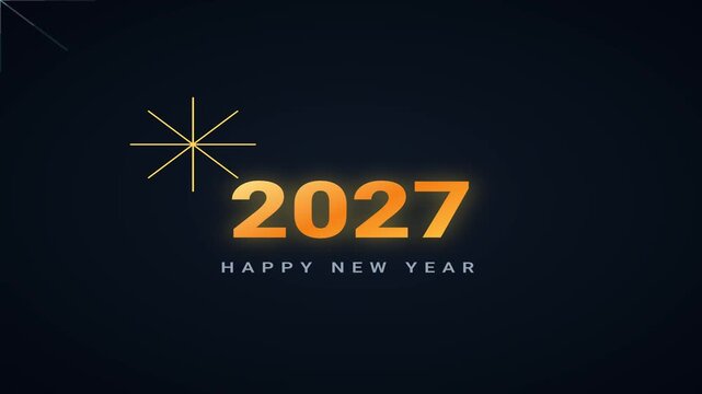 Happy new year 2027 greeting animation featuring glowing golden numbers and vibrant geometric starbursts exploding across a deep dark background creates a festive digital motion video design for seaso