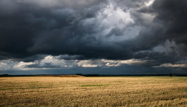 A Vast Open Field Under A Dramatic Overcast Sky With Dark Clouds Rolling In Casting Soft Shadows On The Ground