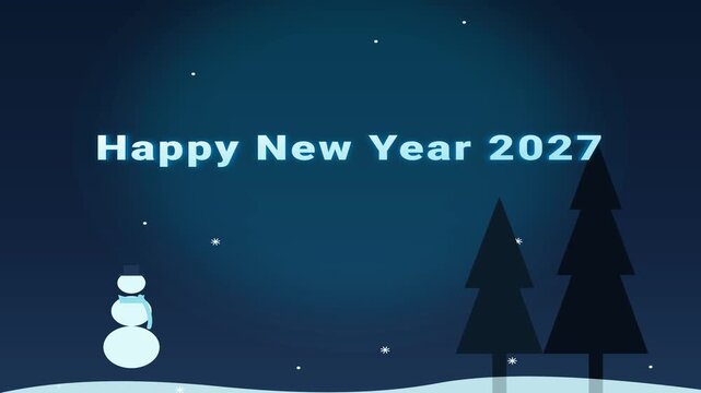 Happy New Year 2027 festive digital animation featuring a cute snowman standing near pine trees under falling snow during a dark winter evening celebration with glowing motion graphics and peaceful ho