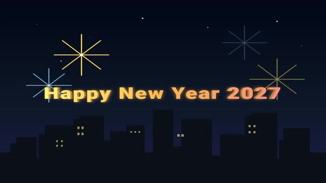 Happy new year 2027 greeting text animation with glowing golden typography set against a dark night city skyline background featuring vibrant colorful starburst fireworks motion in this digital graphi