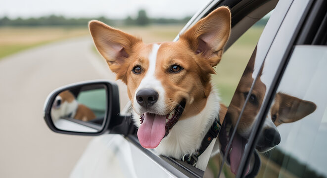 Happy dog with ears perked up leaning out of a moving car window on a rural road trip