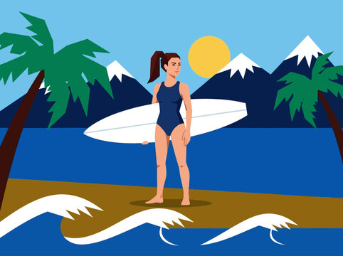 Flat Vector Illustration of Female Surfer on Tropical Beach with Mountains