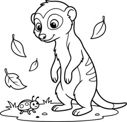 Obraz premium Cute meerkat looking at a ladybug with falling autumn leaves, black and white coloring page for kids