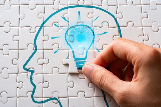 Hand placing final puzzle piece to complete a glowing idea within a head outline