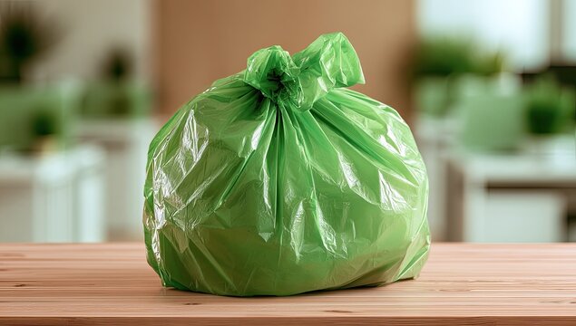 A tied-off green plastic garbage bag sits on a light wooden surface