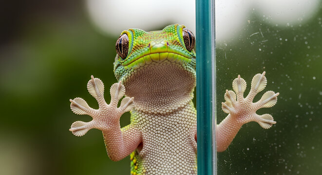 Green gecko lizard clinging to a glass window with visible toe pads in a close up macro shot