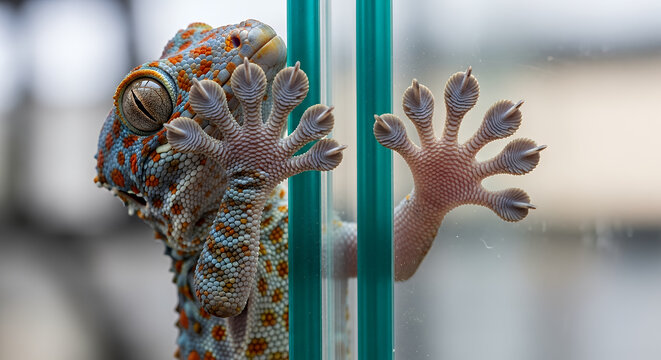 Tokay gecko clinging to a glass surface showing detailed toe pads and textured skin in close up view