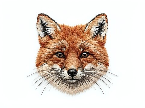 Detailed illustration of a fox head with reddish-brown fur, alert pointed ears, and striking amber eyes