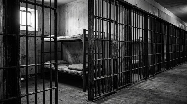 Inside a grim prison cell with bunk beds and barred window, illustrating confinement and justice system themes.