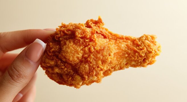 Crispy golden fried chicken wing held by a manicured hand